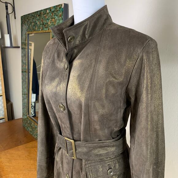 Vintage Alfani Size L Leather Belted Jacket Brown With Gold Metallic Finish Fall - Picture 5 of 9
